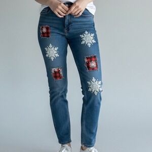Womens Jeans Snowflake Patch Distressed Frayed Size XL distressed denim Winter‎